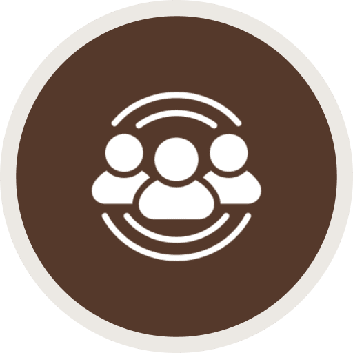 Three people icon on brown circular background.